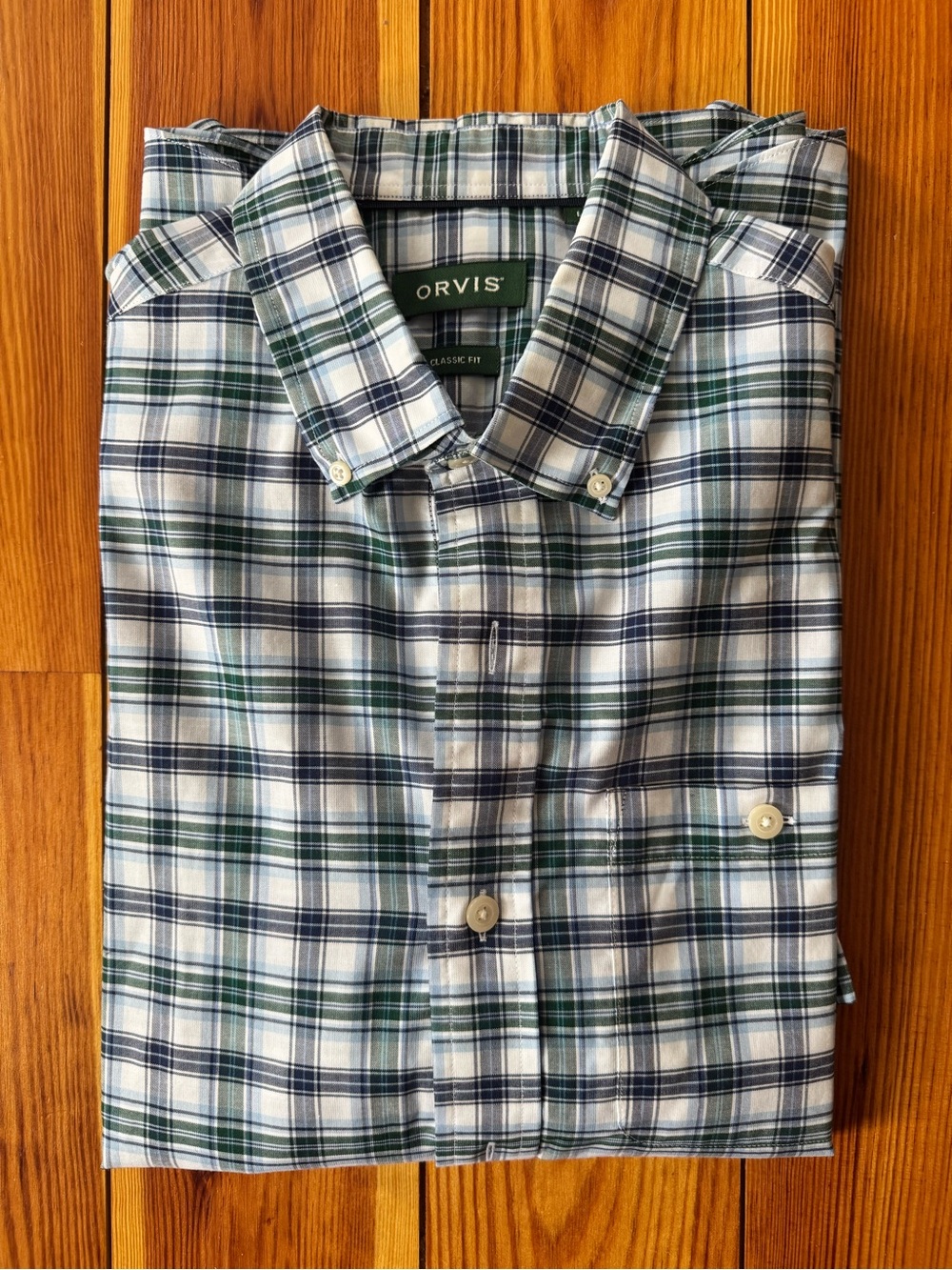 Orvis Men's Blue & Green Plaid Button-Down Short-sleeved Shirt